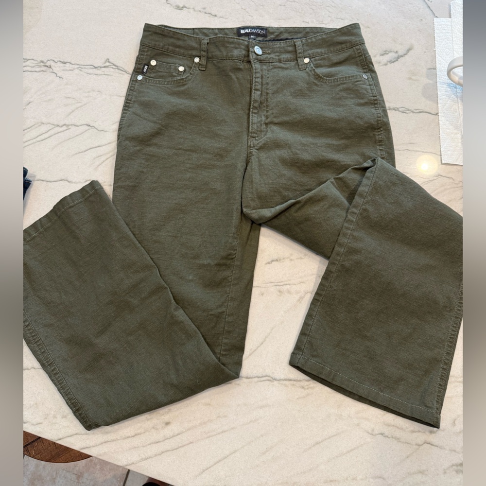 Beau Dawson Deep Olive Mid to High Rise Bootcut Lightweight Jeans - Picture 2 of 9